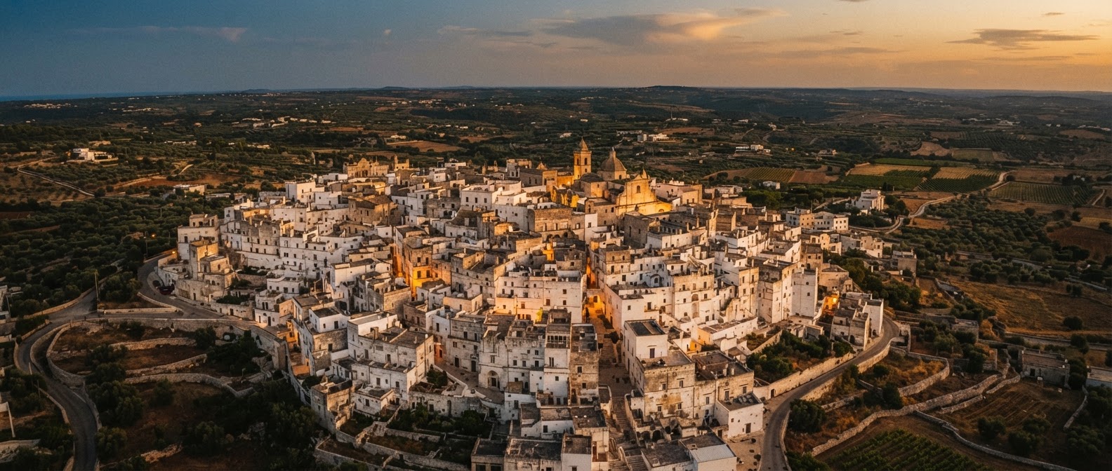 Veduta aerea al tramonto di un borgo bianco di pietra in Puglia circondato da ulivi secolari